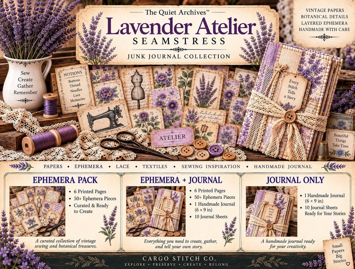 Lavender Atelier Sewing Junk Journal Bundle | Vintage Sewing Ephemera Kit | Lavender Lace Journal Pages | Handmade Junk Journal Kit