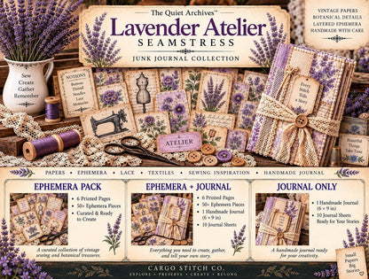 Lavender Atelier Sewing Junk Journal Bundle | Vintage Sewing Ephemera Kit | Lavender Lace Journal Pages | Handmade Junk Journal Kit