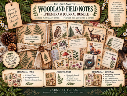 Woodland Field Notes Ephemera Collection | Handmade Woodland Junk Journal Ephemera, Botanical Nature Craft Kit, Vintage Naturalist Paper