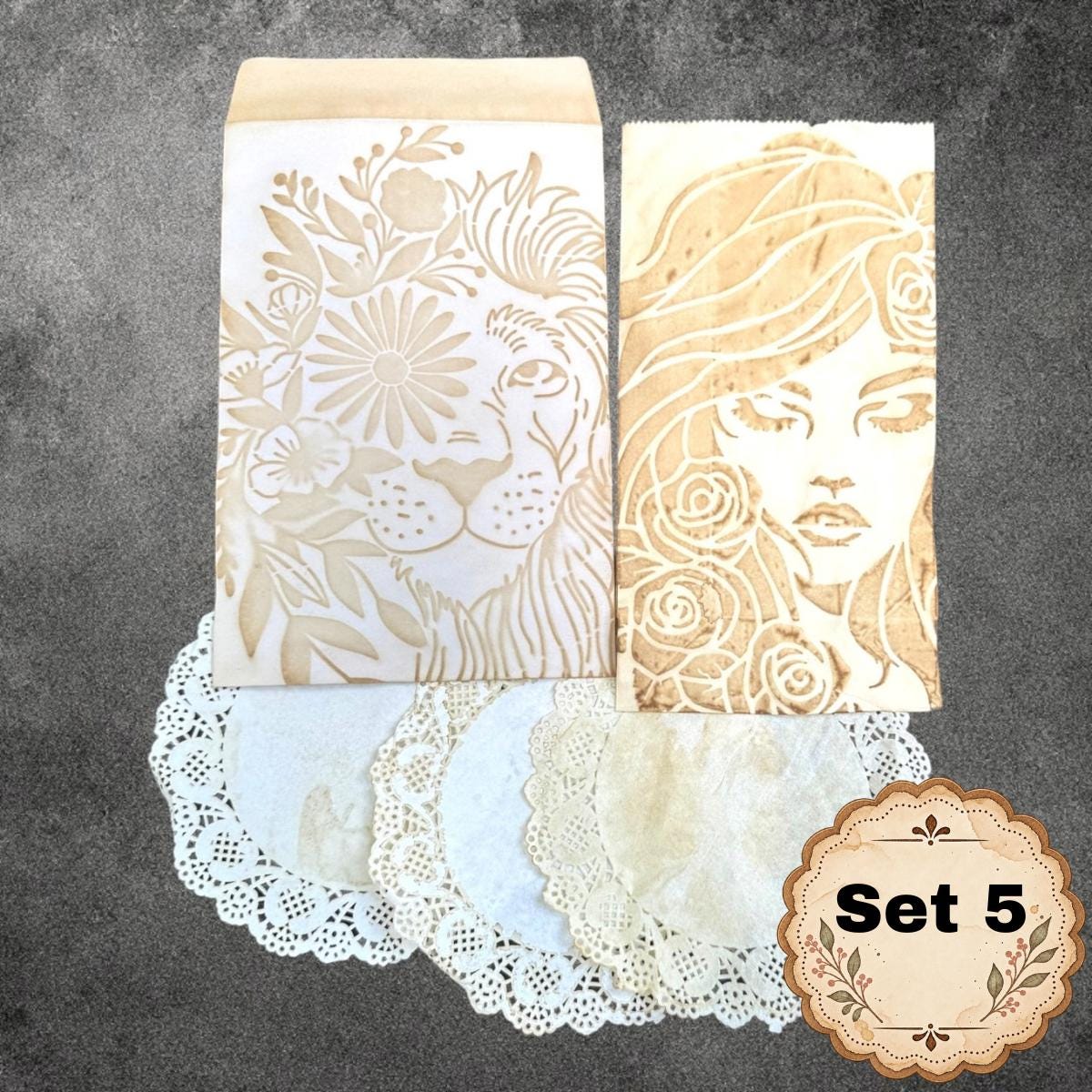 Hand Dyed Coffee Stained Envelopes & Paper Bags, Stenciled Junk Journal Ephemera, Vintage Paper Craft Supplies