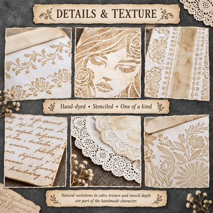 Coffee Dyed Paper Ephemera Set, Hand Stenciled Junk Journal Paper, Vintage Collage Pack, Mixed Media Craft Supplies