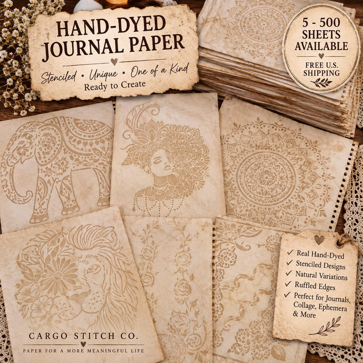 Hand Dyed Coffee Junk Journal Paper, Tea-Stained Paper, Stenciled, Mottled, Vintage Craft Ephemera, Bulk Paper Packs 5-500 Sheets