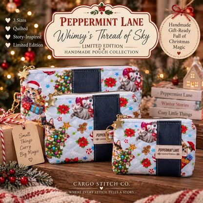 Christmas Cat Zipper Pouch, Quilted Cosmetic Bag, Handmade Holiday Gift, Peppermint Lane Limited Edition, Whimsy’s Thread of Sky