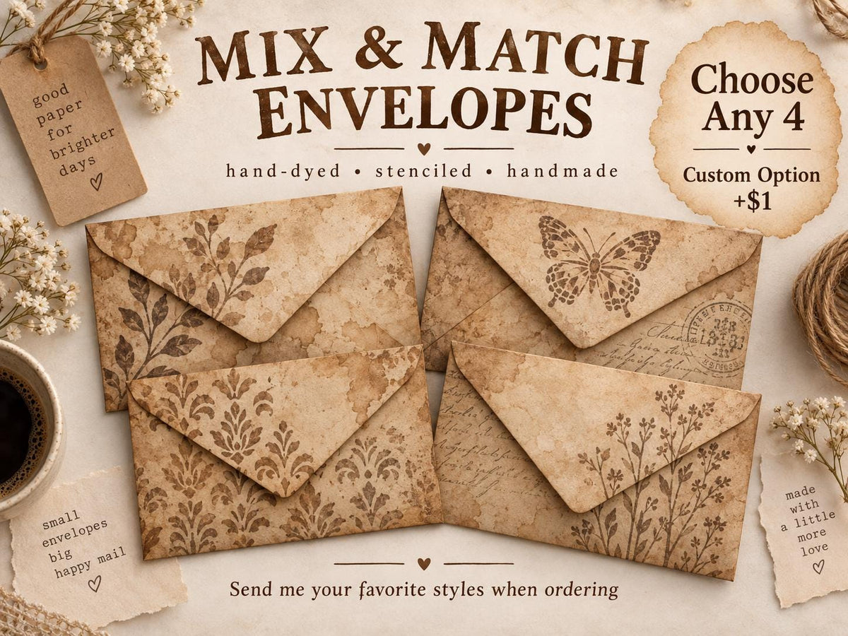 Coffee Dyed Paper Ephemera Set, Hand Stenciled Junk Journal Paper, Vintage Collage Pack, Mixed Media Craft Supplies