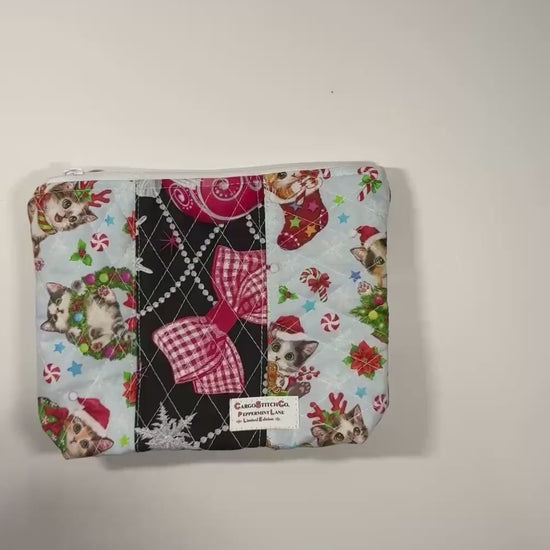 Quilted Pouch 8×6×2 – Holiday Cat Print – Peppermint Lane Limited Edition Bag – White Lights Lining – Boxed Bottom & Slip Pocket