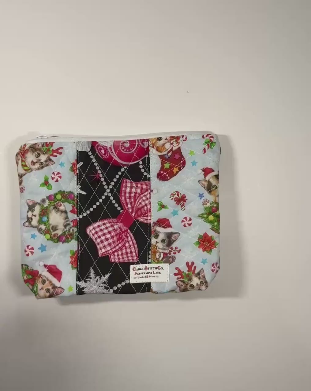Quilted Pouch 8×6×2 – Holiday Cat Print – Peppermint Lane Limited Edition Bag – White Lights Lining – Boxed Bottom & Slip Pocket