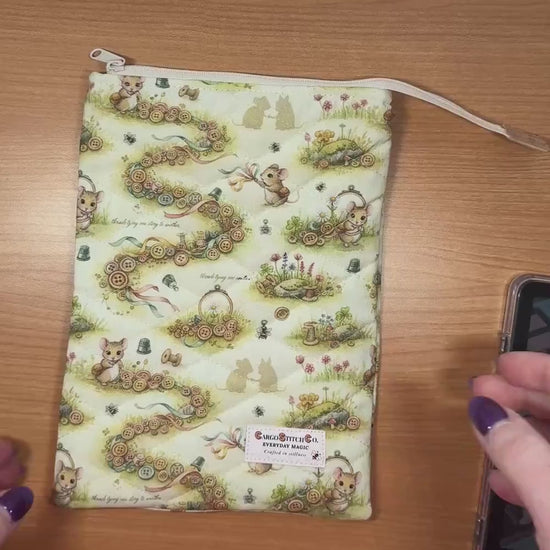 Quilted Book Sleeve | Button Trail Mouse Print, Padded E-Reader Cover, IPad Pouch