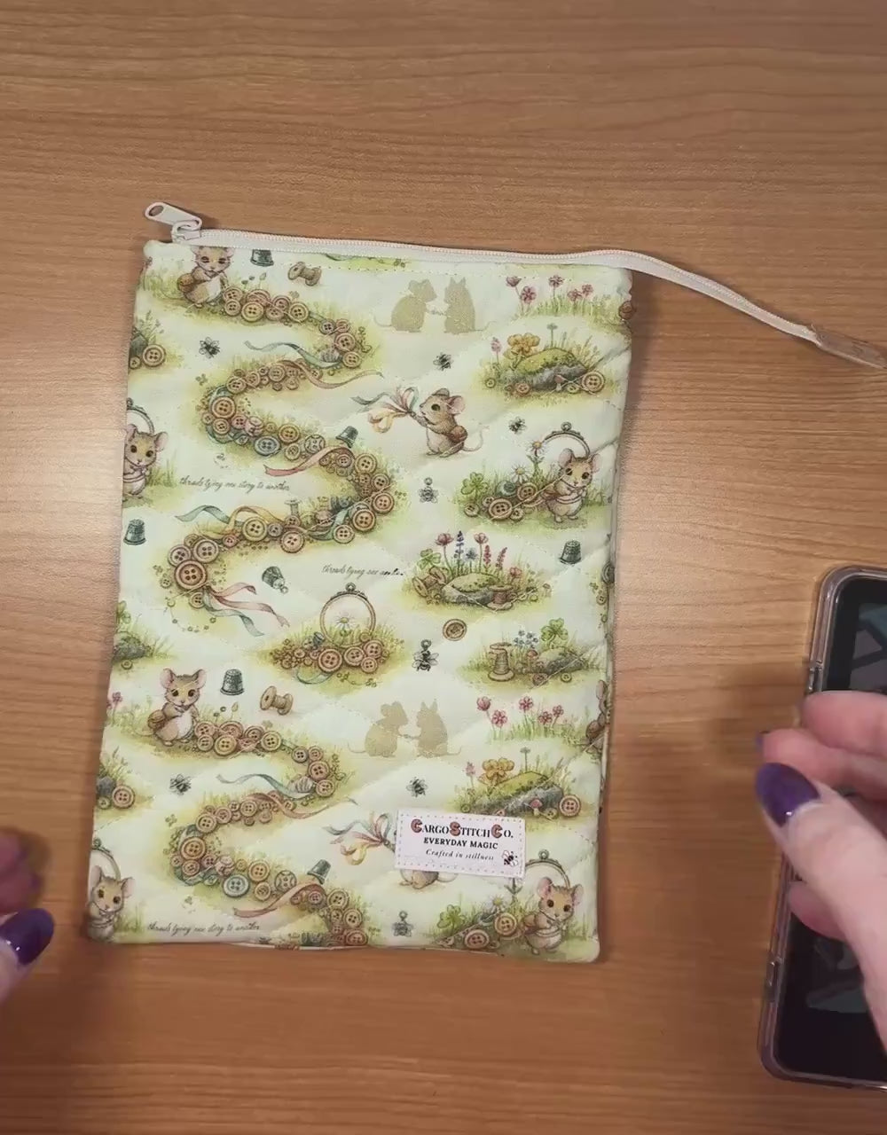 Quilted Book Sleeve | Button Trail Mouse Print, Padded E-Reader Cover, IPad Pouch