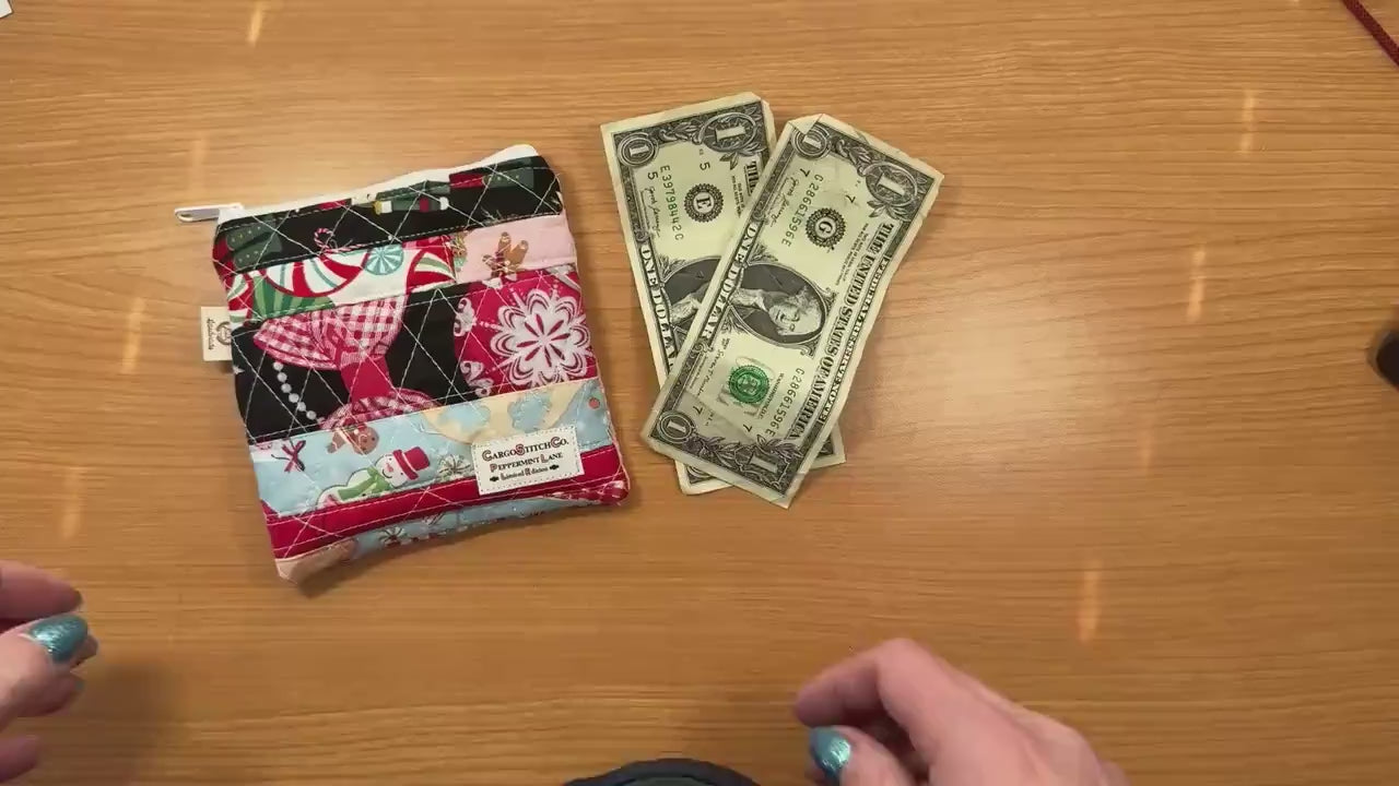 Peppermint Lane Christmas Patchwork Pouch – 5.5 x 5 Quilted Zipper Bag, Cat Holiday Mini Wallet, Scrappy Limited Edition Stocking Stuffer