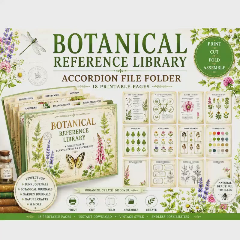 Botanical Reference Library Accordion File Folder Printable | Vintage Plant Study | Junk Journal Kit | Instant Download