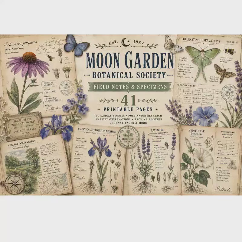 Moon Garden Botanical Society Field Notes & Specimens | Botanical Journal Pages | Vintage Nature Archive | Printable Junk Journal Kit
