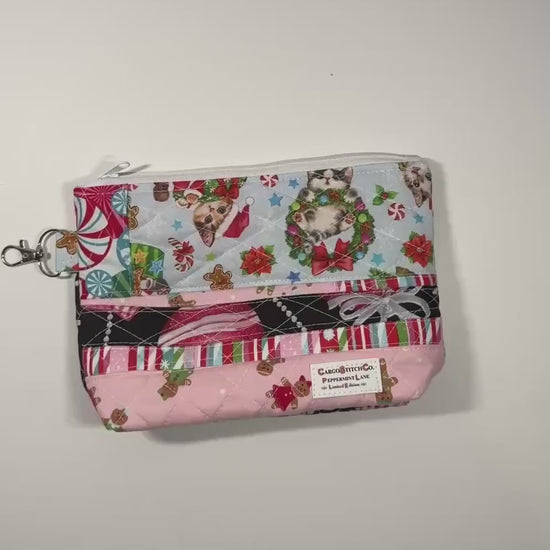 Peppermint Lane Quilted Christmas Pouch, Holiday Cat Zipper Bag, Handmade Makeup & Project Bag, Limited Edition