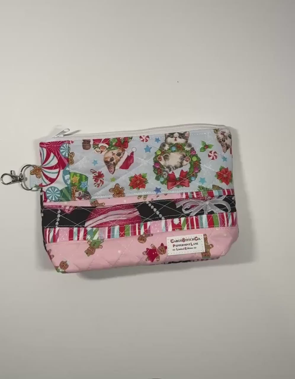 Peppermint Lane Quilted Christmas Pouch, Holiday Cat Zipper Bag, Handmade Makeup & Project Bag, Limited Edition