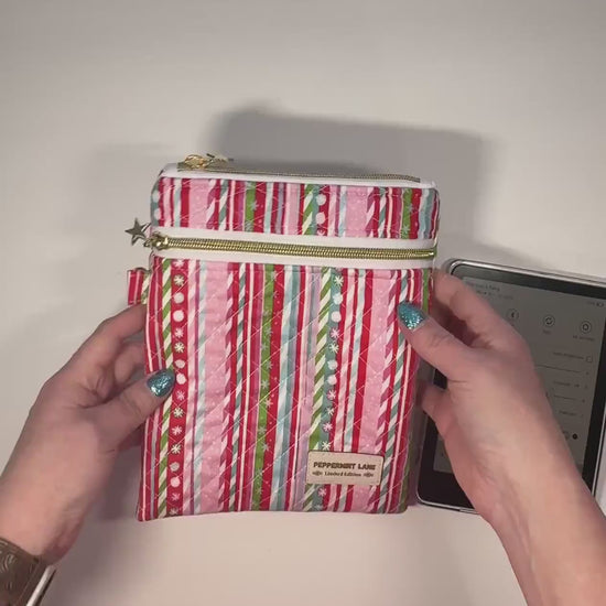Quilted Kindle Sleeve 9.5×7 – Candy Cane Stripe – Peppermint Lane Limited Edition Holiday E-Reader Case – Slip Pocket + Zipper Pocket