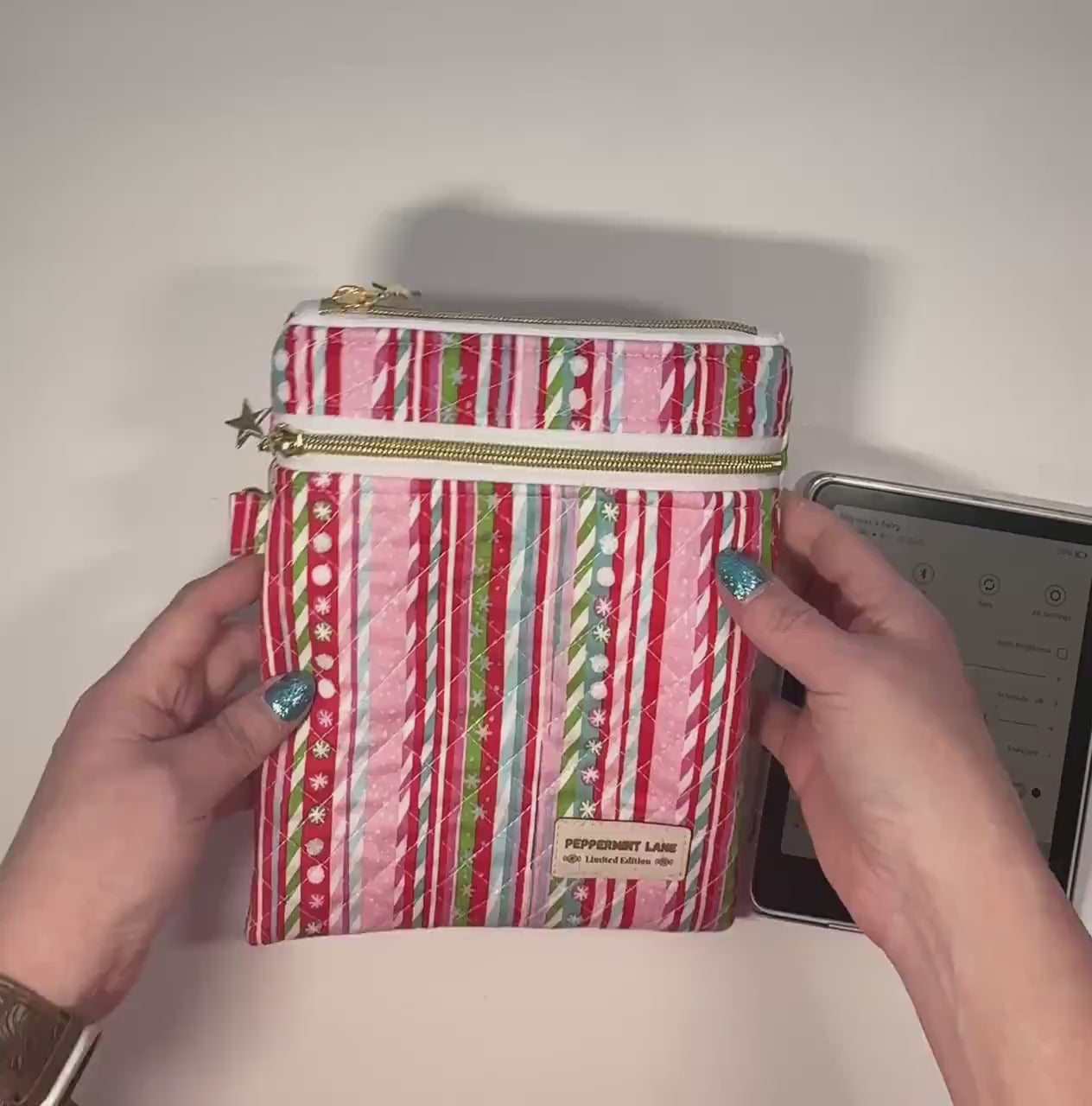 Quilted Kindle Sleeve 9.5×7 – Candy Cane Stripe – Peppermint Lane Limited Edition Holiday E-Reader Case – Slip Pocket + Zipper Pocket