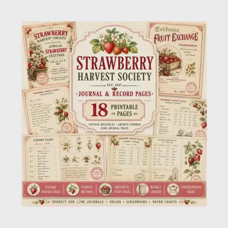 Strawberry Harvest Society Journal & Record Pages | 18 Printable Pages | Vintage Botanical Strawberry Junk Journal Kit