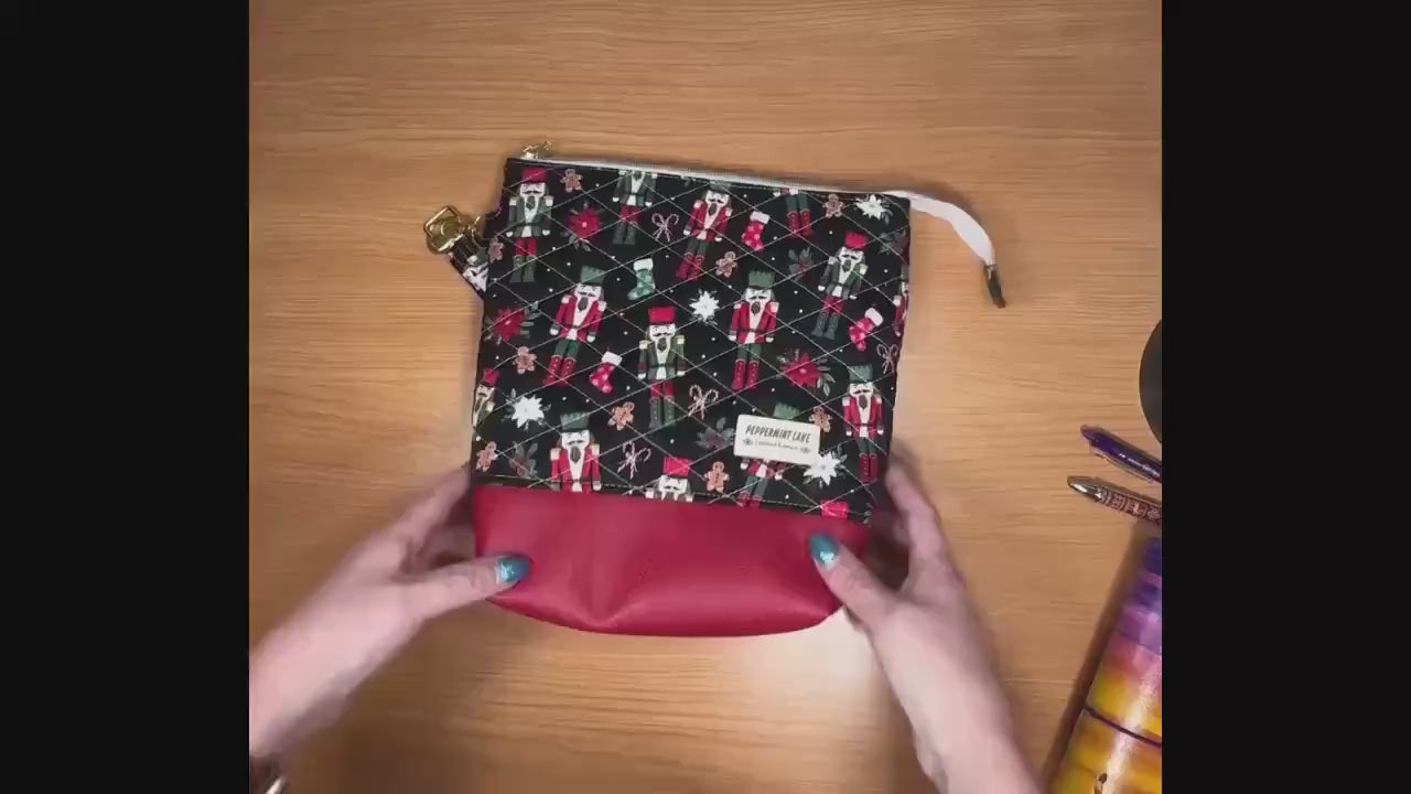 XL Nutcracker Christmas Project Bag, Quilted Zipper Pouch, Holiday Craft Organizer, Peppermint Lane Limited Edition