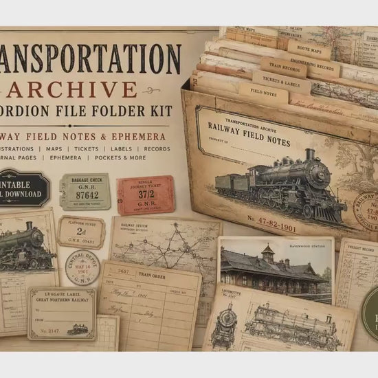 Transportation Archive Accordion File Folder Kit | Railway Field Notes | Vintage Train Journal Printable | Tags | Digital Download