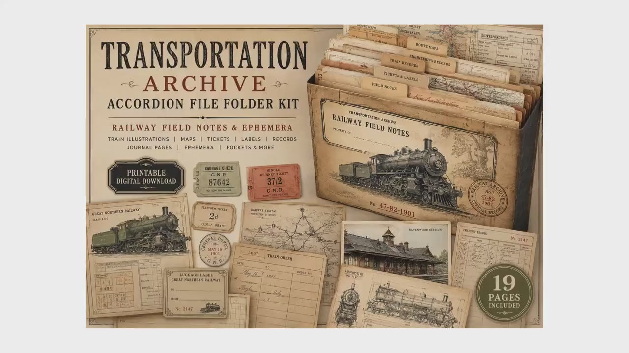 Transportation Archive Accordion File Folder Kit | Railway Field Notes | Vintage Train Journal Printable | Tags | Digital Download