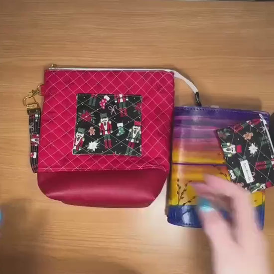 XL Nutcracker Zipper Pouch – Peppermint Lane Extra Large Quilted Project Bag with Pockets – Holiday Makeup Purse– Christmas Gift