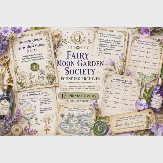 Fairy Moon Garden Society Founding Archives | 17 Printable Junk Journal Pages | Moon Garden Botanical Journal | Fantasy Ephemera