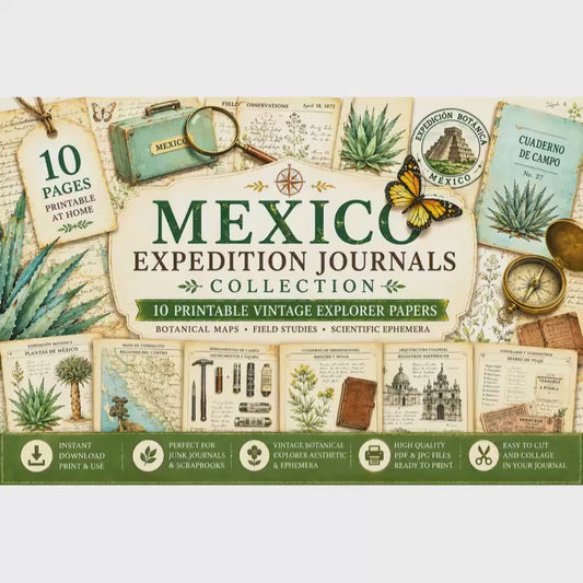 Mexico Expedition Journals Collection | 10 Printable Vintage Explorer Papers | Botanical Maps & Scientific Ephemera | Digital Download
