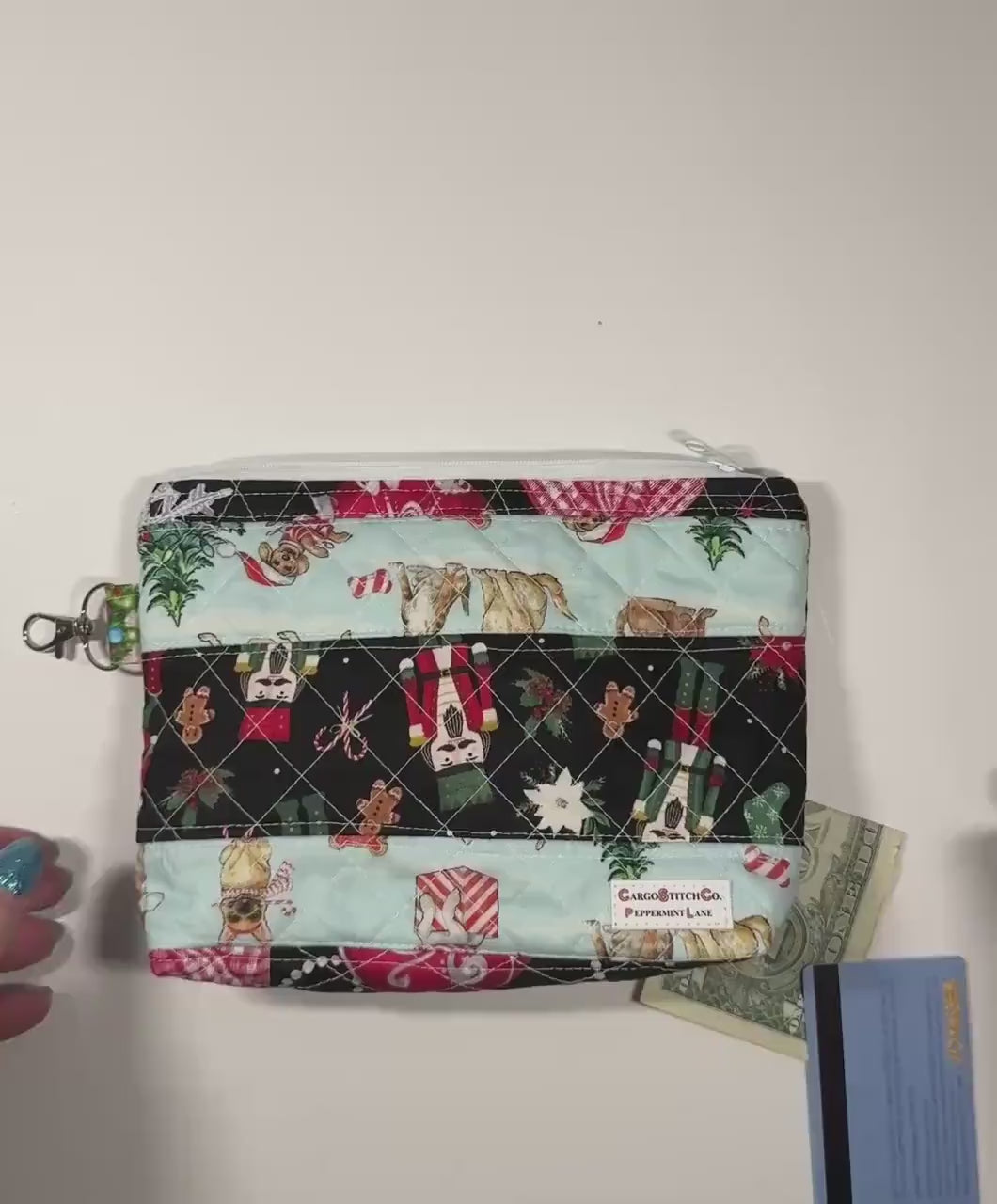Peppermint Lane Quilted Christmas Pouch, Handmade Zipper Bag, Makeup Bag, Journal Supply Pouch, Limited Edition Holiday Gift
