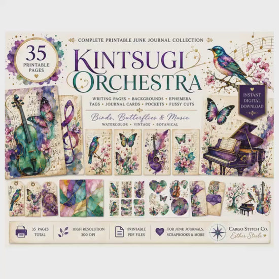 Kintsugi Orchestra Printable Junk Journal Kit, 35 Printable Pages, Writing Pages, Ephemera, Tags, Background Papers, PDF