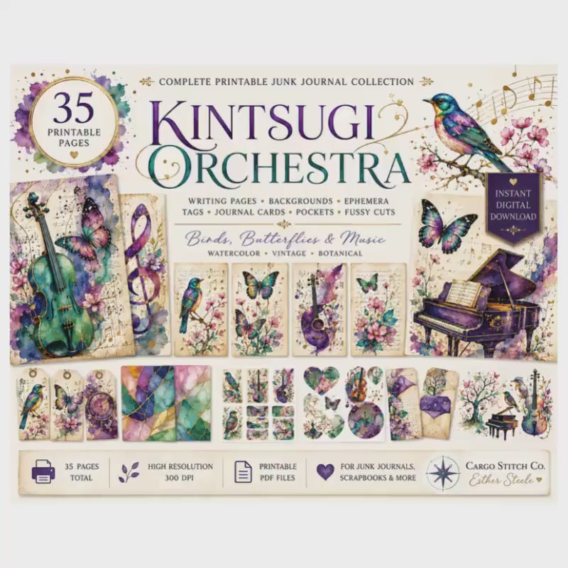 Kintsugi Orchestra Printable Junk Journal Kit, 35 Printable Pages, Writing Pages, Ephemera, Tags, Background Papers, PDF