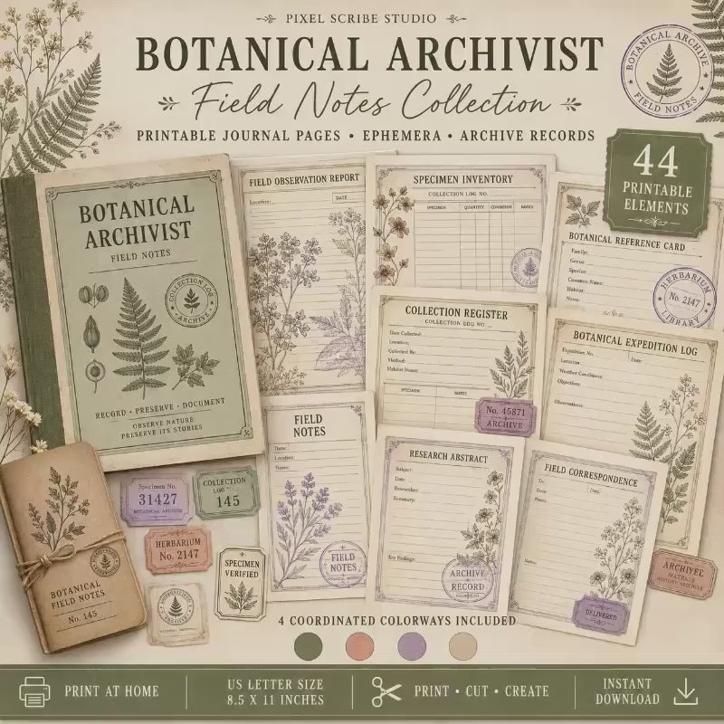 Botanical Archivist Field Notes Collection, Printable Journal Pages, Herbarium Records, Botanical Ephemera, Junk Journal Kit, Nature Archive