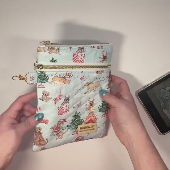 Quilted Kindle Sleeve 9.5×7 – Holiday Dogs – Peppermint Lane Limited Edition E-Reader Case – Slip Pocket + Zipper Pocket – Gold Hardware