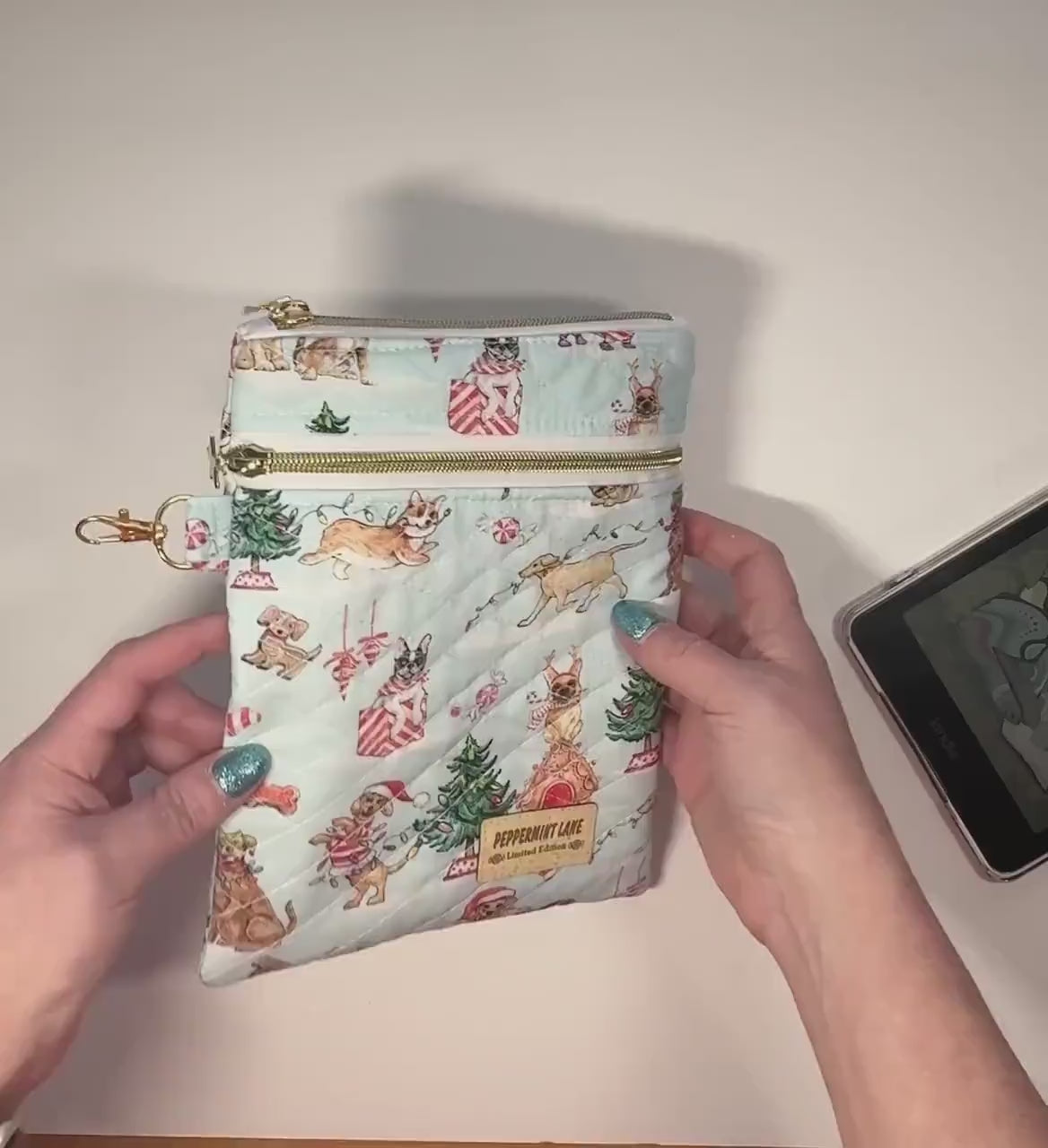 Quilted Kindle Sleeve 9.5×7 – Holiday Dogs – Peppermint Lane Limited Edition E-Reader Case – Slip Pocket + Zipper Pocket – Gold Hardware