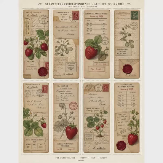 Strawberry Correspondence Archive Ephemera Collection 10 Printable Pages  Vintage Strawberry Journal Cards, Labels, Tags, Junk Journal Kit