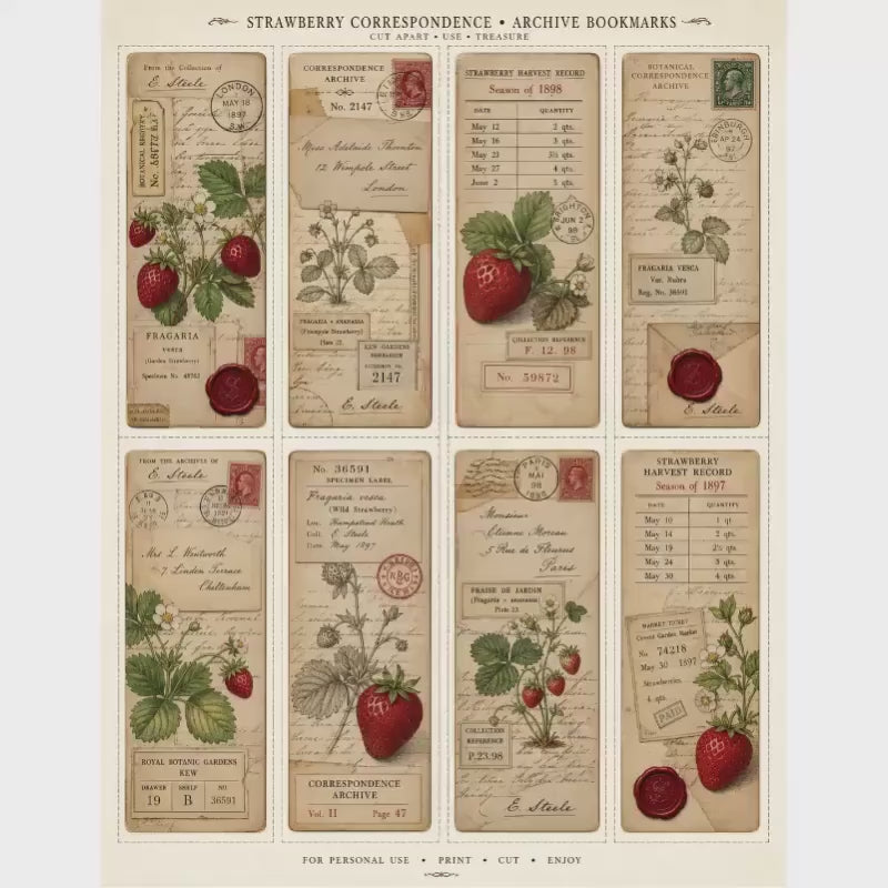 Strawberry Correspondence Archive Ephemera Collection 10 Printable Pages  Vintage Strawberry Journal Cards, Labels, Tags, Junk Journal Kit