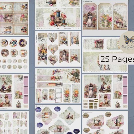 The Seamstress’s Diary: Chronicles of Creativity, Ephemera Pack, Vintage Sewing Junk Journal Kit, Tags, Tickets & Floral Sewing Elements