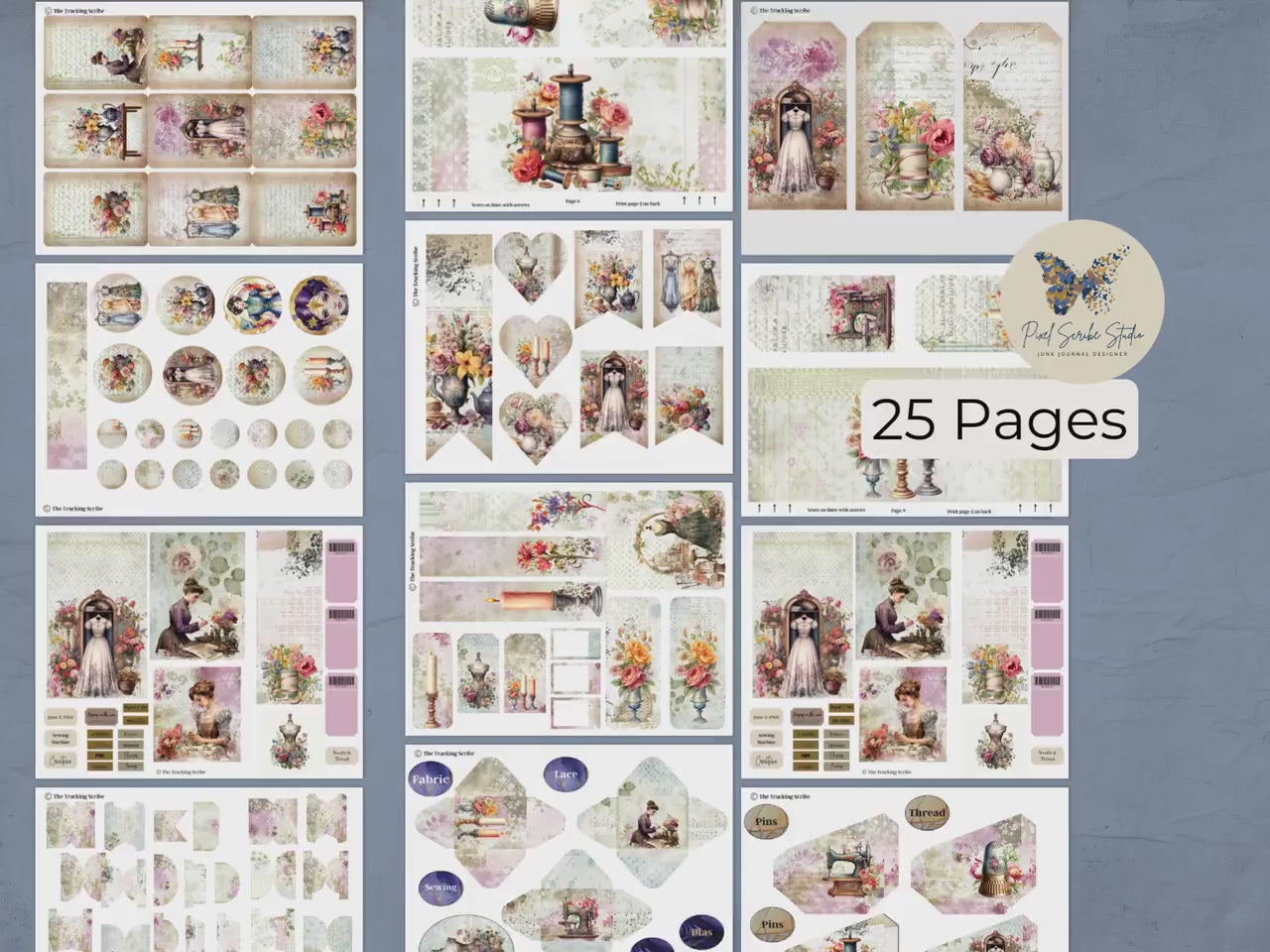 The Seamstress’s Diary: Chronicles of Creativity, Ephemera Pack, Vintage Sewing Junk Journal Kit, Tags, Tickets & Floral Sewing Elements
