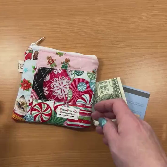 Peppermint Lane Christmas Patchwork Pouch – 5.5 x 5 Quilted Zipper Bag, Gingerbread Mini Wallet, Scrappy Limited Edition Stocking Stuffer