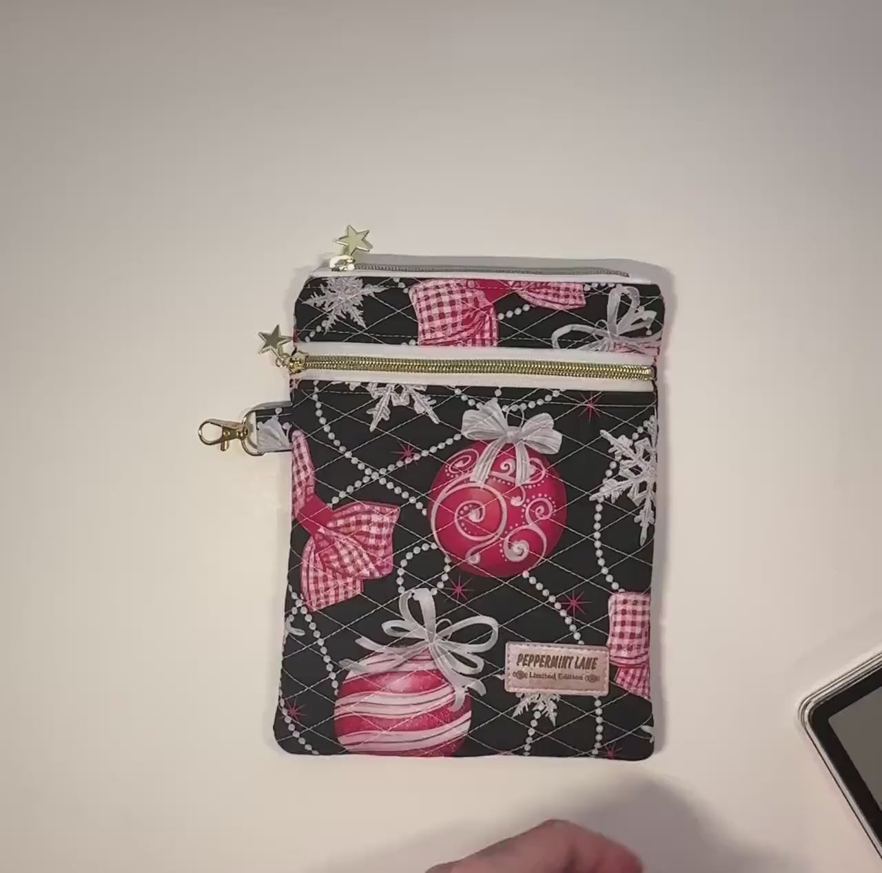 Quilted Kindle Sleeve 9.5×7 – Ornament Print – Peppermint Lane Limited Edition E-Reader Case – Zipper Pocket + Gold Hardware