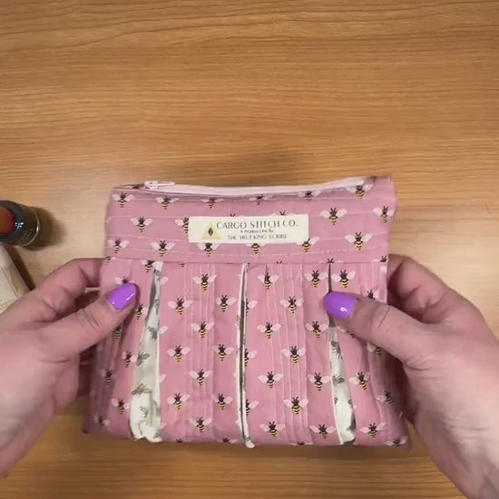 Bee Quilted Zipper Pouch, Pleated Makeup Bag, Pink Bee Pouch, Garden Lover Gift, Handmade Cosmetic Bag, Busy Bee