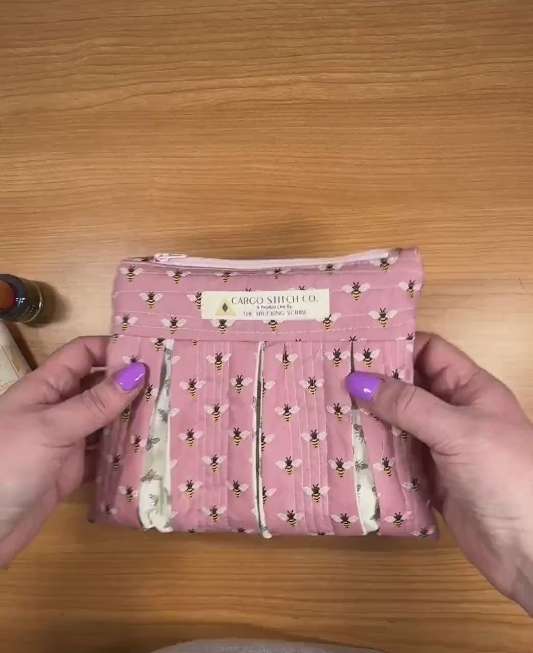 Bee Quilted Zipper Pouch, Pleated Makeup Bag, Pink Bee Pouch, Garden Lover Gift, Handmade Cosmetic Bag, Busy Bee