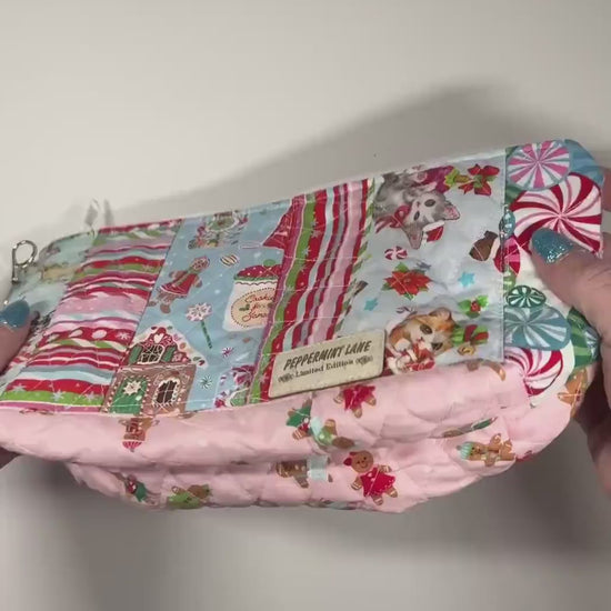 Large Quilted Patchwork Pouch 12×8 – Peppermint Lane – Holiday Bag with Inside Pocket & Swivel Hook – Knitting And Crochet Project Bag