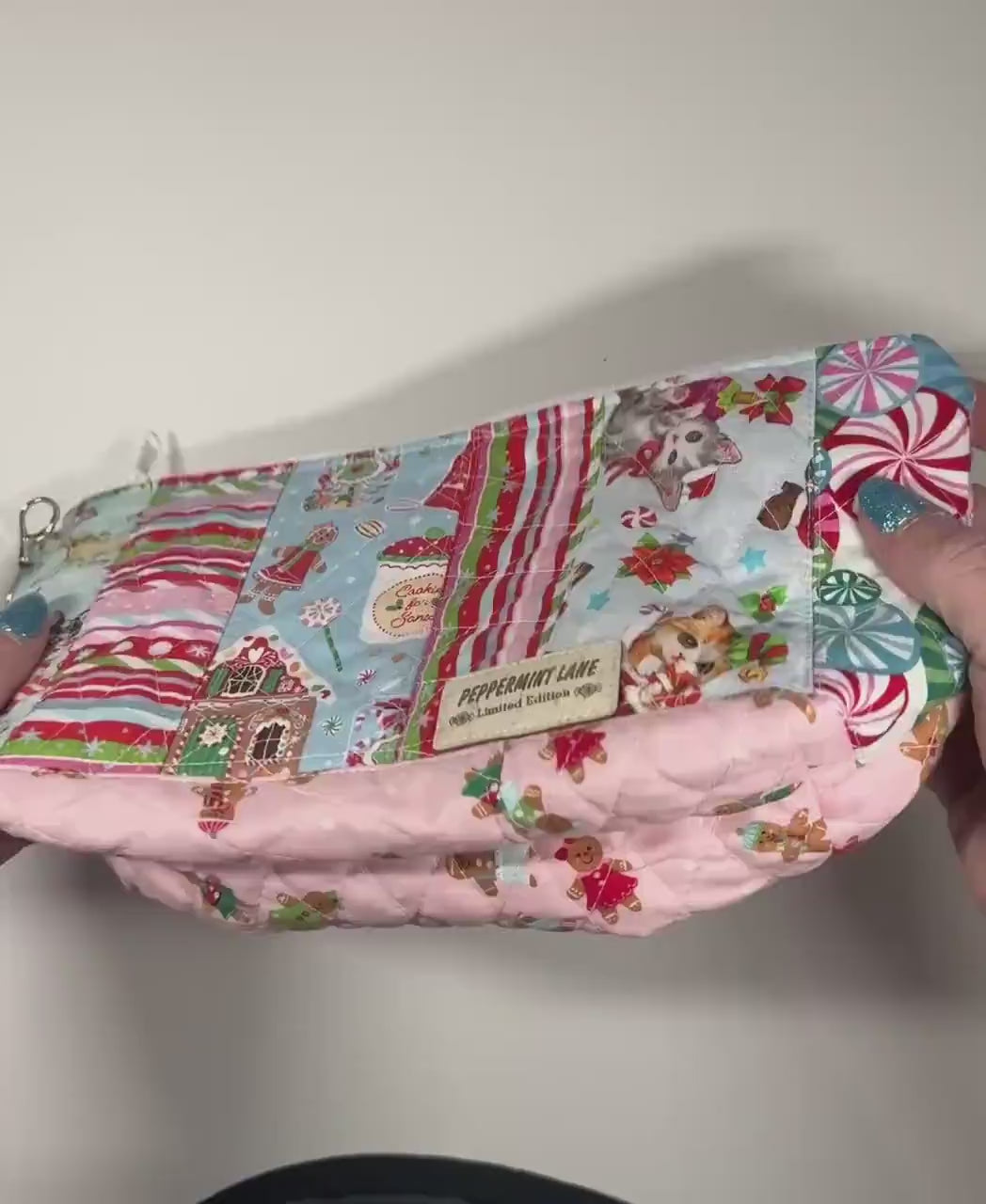 Large Quilted Patchwork Pouch 12×8 – Peppermint Lane – Holiday Bag with Inside Pocket & Swivel Hook – Knitting And Crochet Project Bag