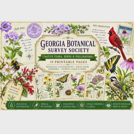 Georgia Botanical Survey Society | Native Flora, Birds & Pollinators | Botanical Journal Pages | Printable Junk Journal Kit | 19 Page PDF