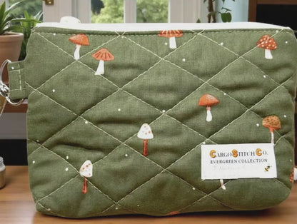 Mushroom Meadow Junk Journal Supply Pouch | Quilted Zipper Organizer for Pens, Ephemera & Craft Supplies