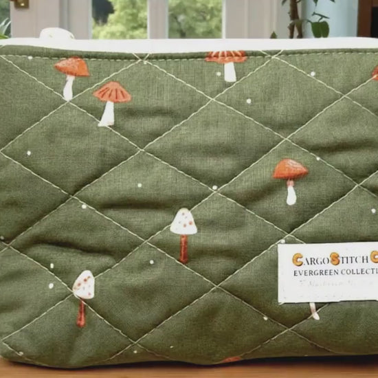 Everyday Medium Zipper Pouch – Mushroom Meadow | Quilted Fabric Zipper Pouch, Handmade Organizer, Everyday Carry Bag