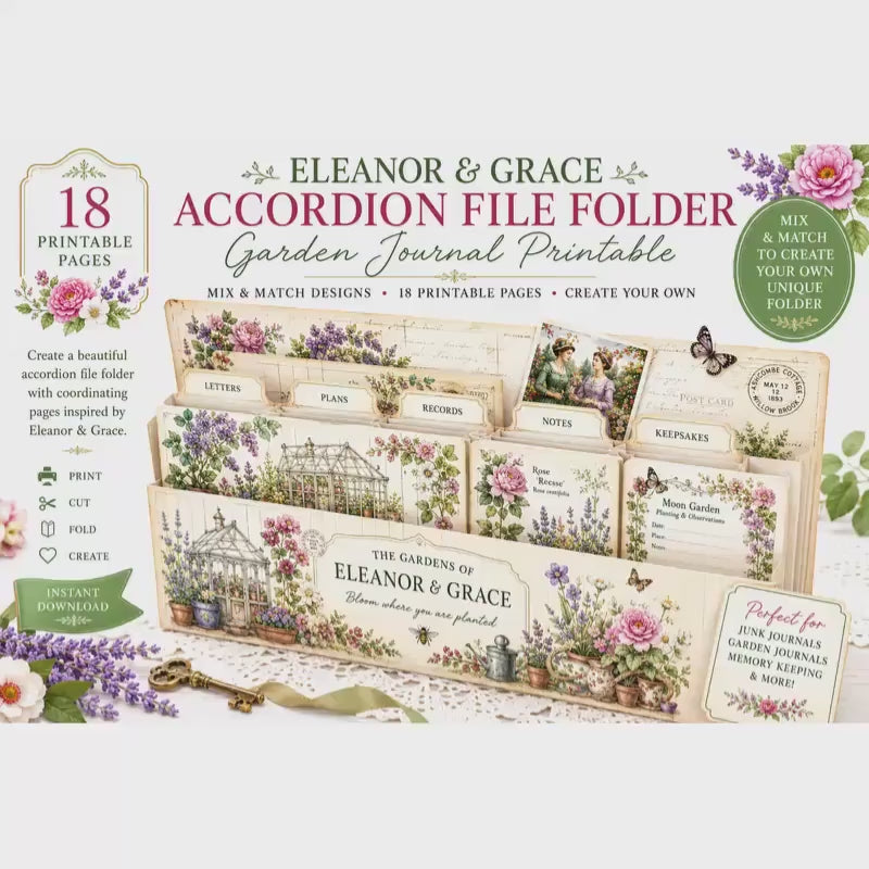 Eleanor & Grace Accordion File Folder | Garden Journal Printable | 18 Page Digital Kit | Junk Journal | Instant Download