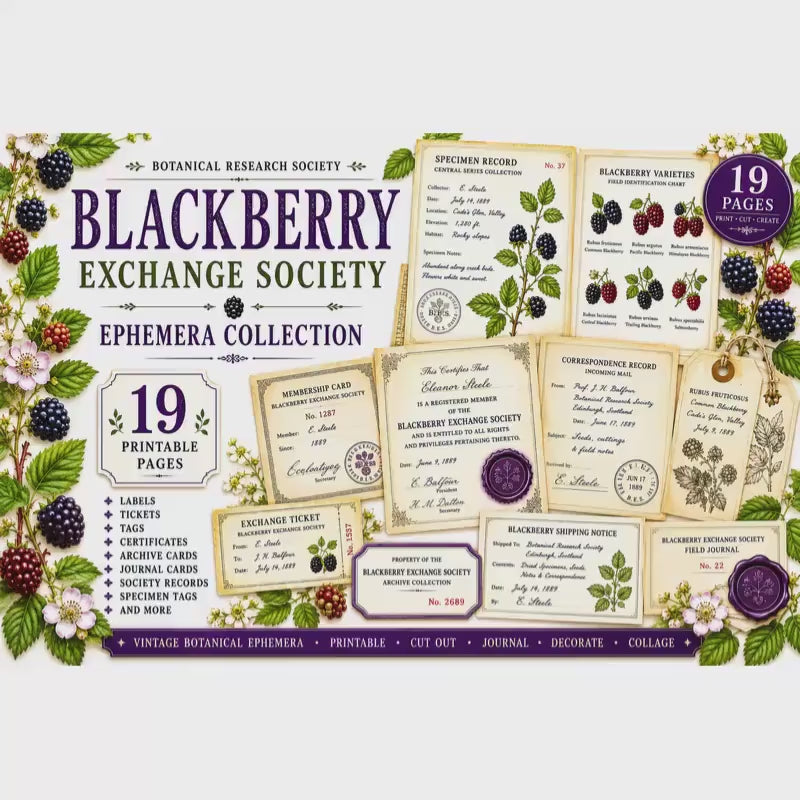 Blackberry Exchange Society Ephemera Collection | 19 Printable Pages, Vintage Botanical Junk Journal Kit | Tags, Labels Tickets Certificates