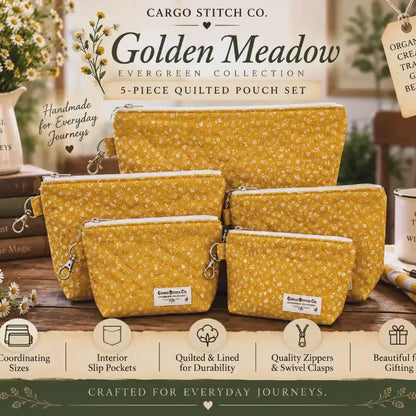 Golden Meadow Quilted Pouch Set | 5 Piece Zipper Pouch Bundle | Handmade Cosmetic Craft Travel Bags | Evergreen Collection