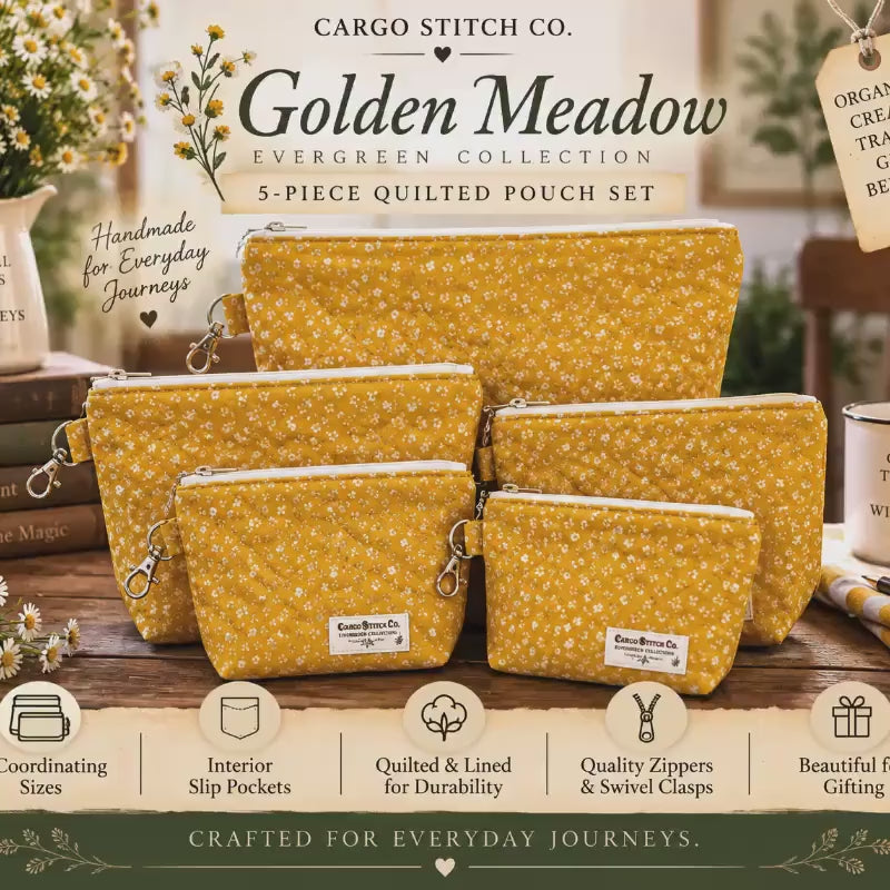 Golden Meadow Quilted Pouch Set | 5 Piece Zipper Pouch Bundle | Handmade Cosmetic Craft Travel Bags | Evergreen Collection