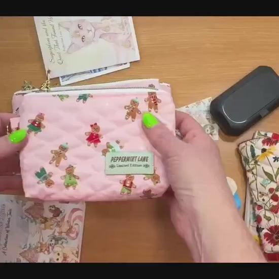Sugarplum Christmas Quilted Zipper Pouch Bundle, Pink Gingerbread Makeup Bag, Peppermint Lane Limited Edition, Handmade Holiday Gift